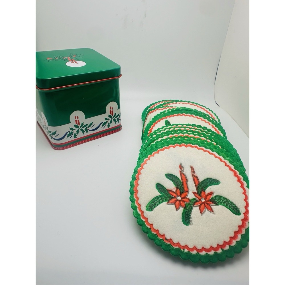 Vintage 1985 INTERPUR® Christmas Paper Coasters Doily Tin Container Box candles